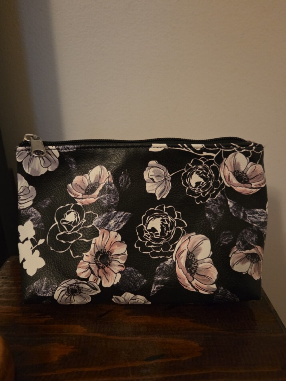 Black Floral Zipper Pouch